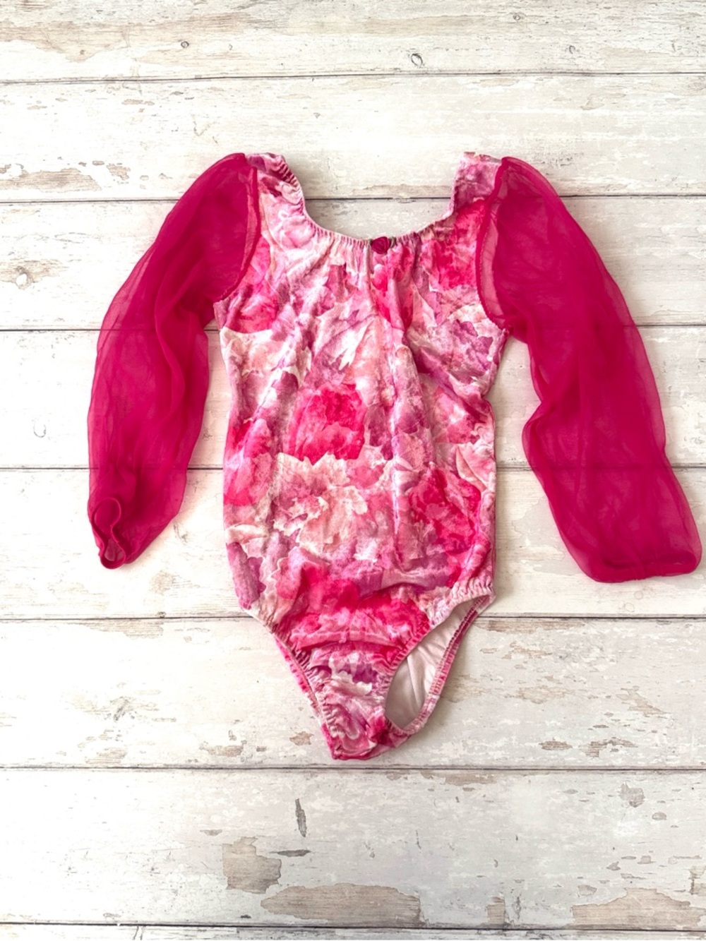 Girls 7/8 Pink Floral Leotard Tulle Long Sleeves Dance Gymnastics Costume 7 8